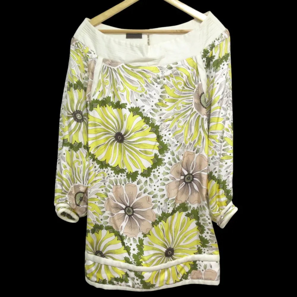 LOEWE ロエベ シルク×リネン フラワープリント オフショルダー チュニックワンピース サイズ38 イエロー系