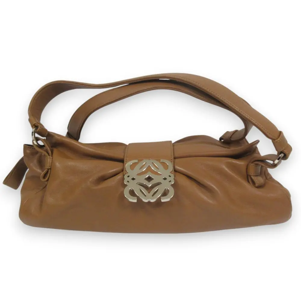 LOEWE ロエベ アナグラム ロゴ金具 レザー ハンドバッグ ブラウン×シルバー金具
