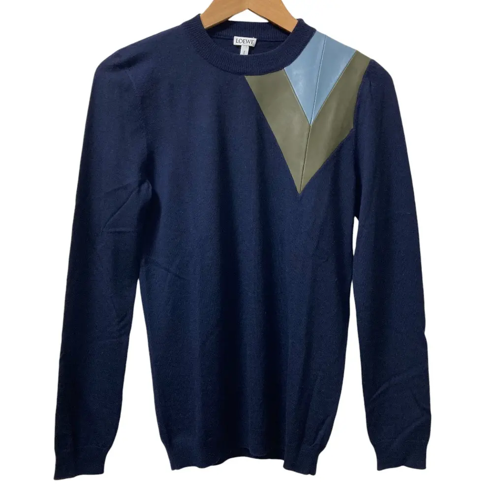 LOEWE ロエベ レザーパッチ クルーネック ウールニット セーター サイズS ネイビー
