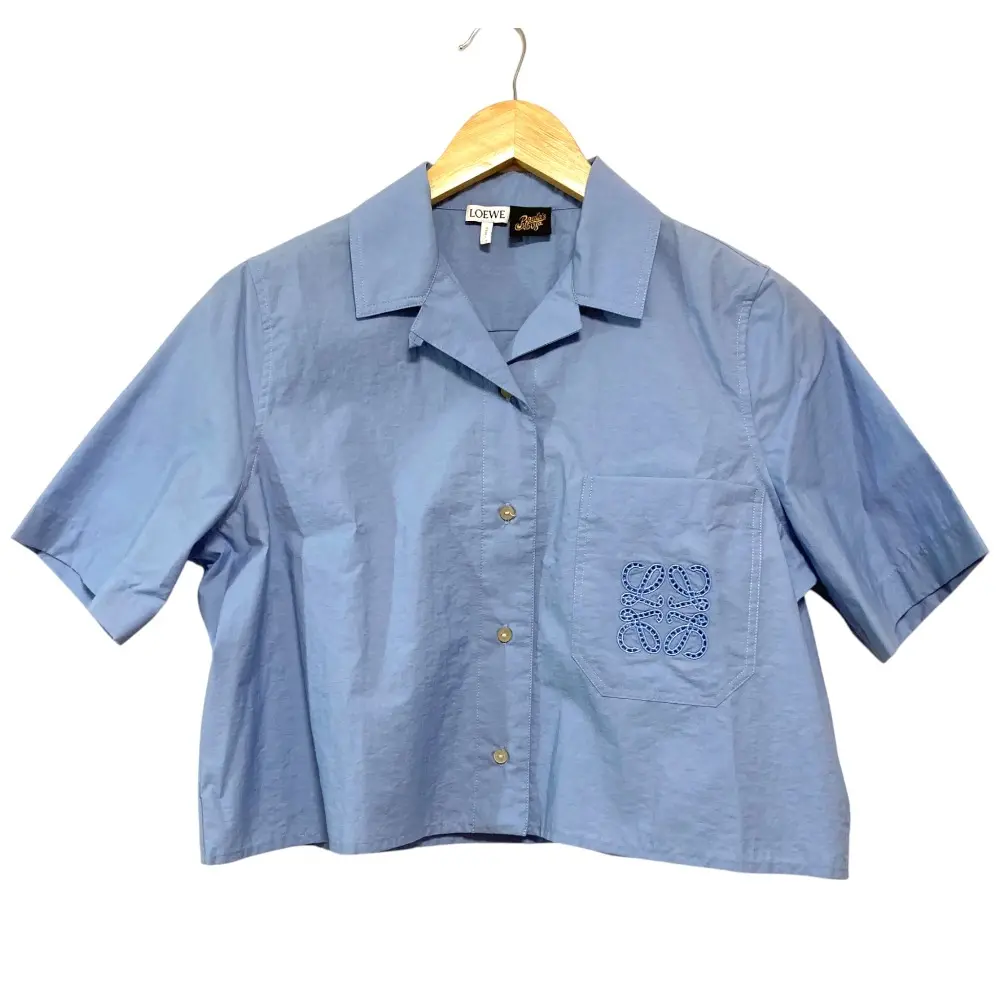 LOEWE ロエベ CROPPED SHIRT ポケットアナグラムロゴ刺繍 クロップド半袖シャツ サイズ32 ブルー