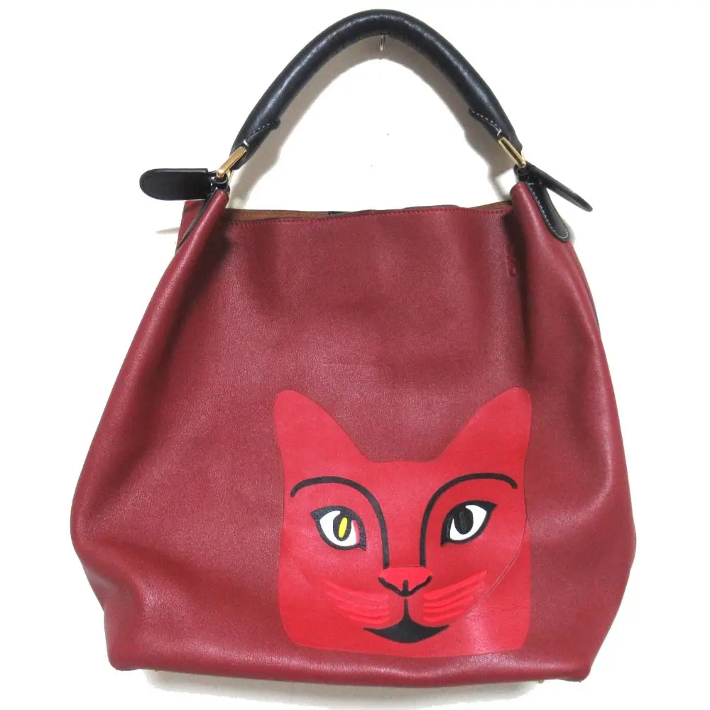 LOEWE ロエベ レザー Tバケット キャット プリント トートバッグ レッド ボルドー系