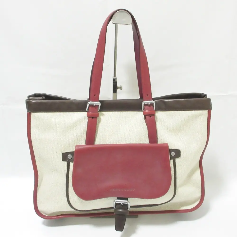 LONGCHAMP ロンシャン レザー×キャンバス トートバッグ ハンドバッグ レッド×ブラウン×キナリ