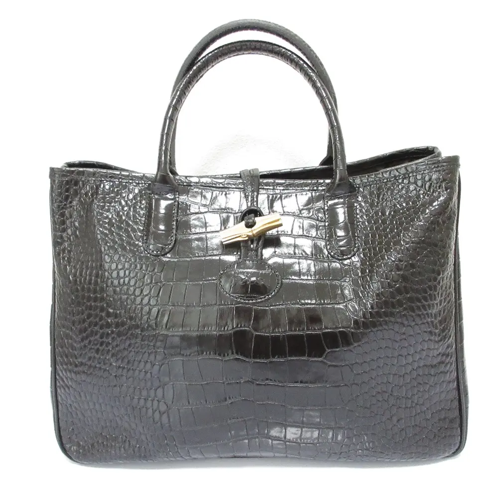 LONGCHAMP ロンシャン ロゾ クロコ型押しレザー トートバッグ ハンドバッグ ブラック×ゴールド金具