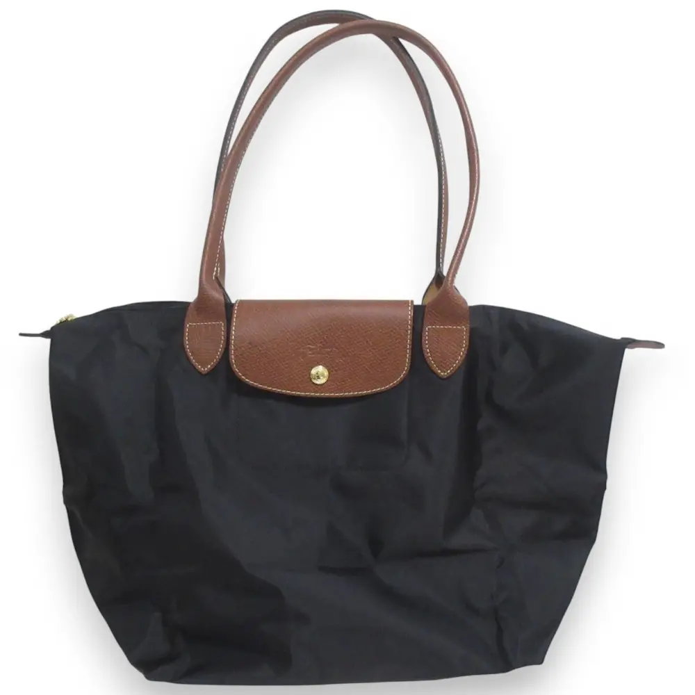 LONGCHAMP ロンシャン ルプリアージュ 折り畳み ナイロントートバッグ ショルダーバッグ ブラック×ブラウン×ゴールド金具