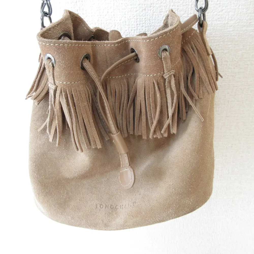 Longchamp ロンシャン スエード 巾着 ショルダーバッグ ブラウンベージュ