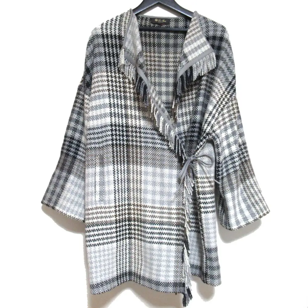Loro Piana ロロピアーナ チェック柄 カシミヤ100% レザーパイピング ニット ガウンコート Mサイズ グレー系