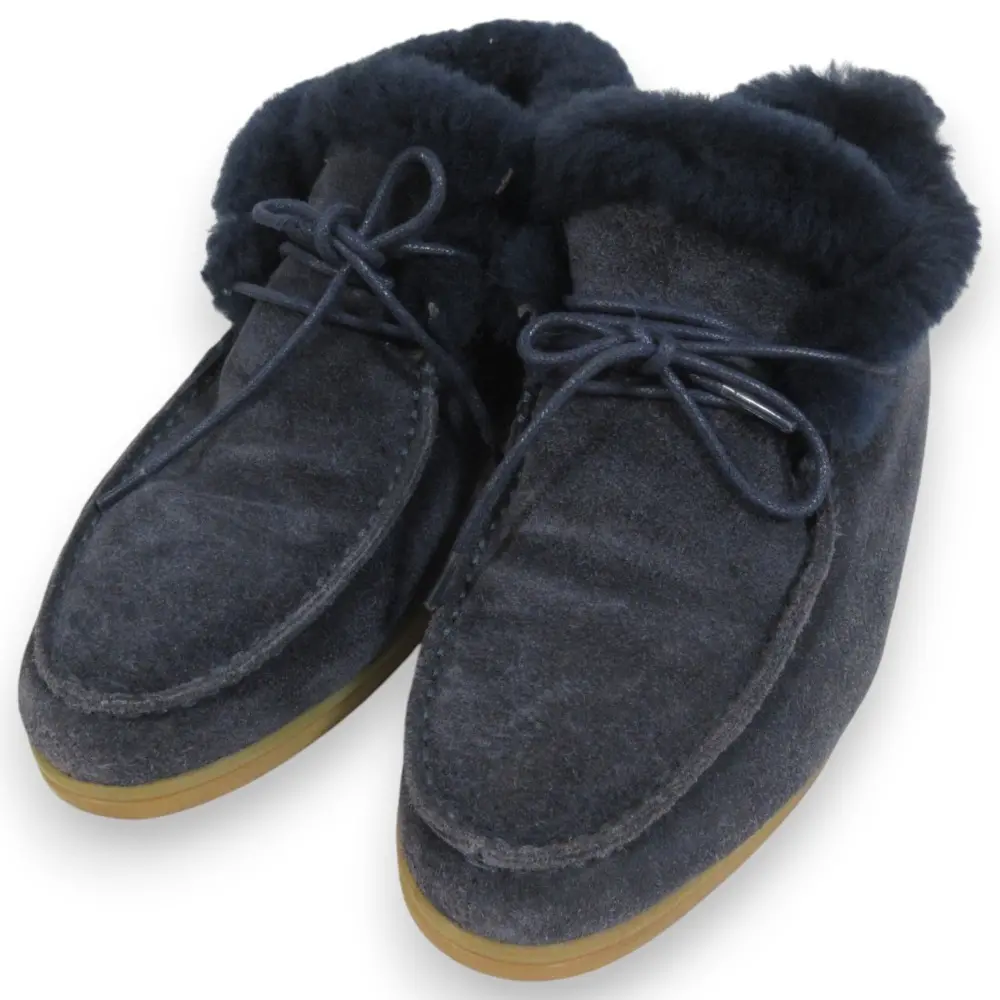 Loro Piana ロロピアーナ スエード ボア レースアップ アンクルブーツ 37 約23.5cm ネイビー