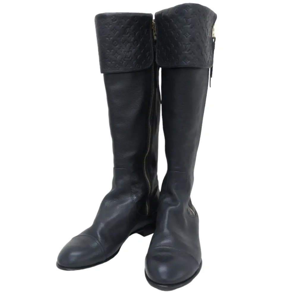 LOUIS VUITTON ルイヴィトン モノグラムアンプラント エンボスレザー サイドジップ ロングブーツ 40 26cm相当 ネイビー