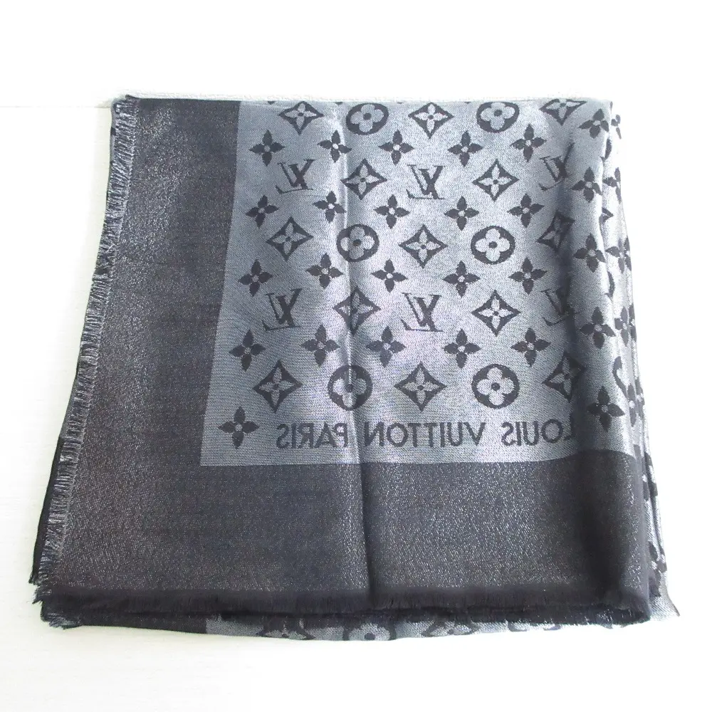 LOUIS VUITTON ルイヴィトン モノグラムシャイン シルク 大判 ショール ストール M75123 ブラック×シルバー