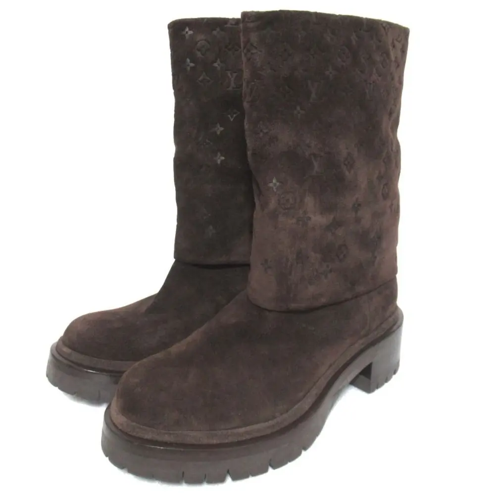 LOUIS VUITTON ルイヴィトン モノグラム エンボス スエード レザー ミドルブーツ 35.5サイズ 22.5cm相当 ダークブラウン
