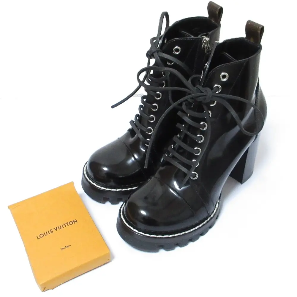 LOUIS VUITTON ルイヴィトン スタートレイルライン パテントレザー モノグラム アンクルブーツ 37.5 24cm相当 ブラック