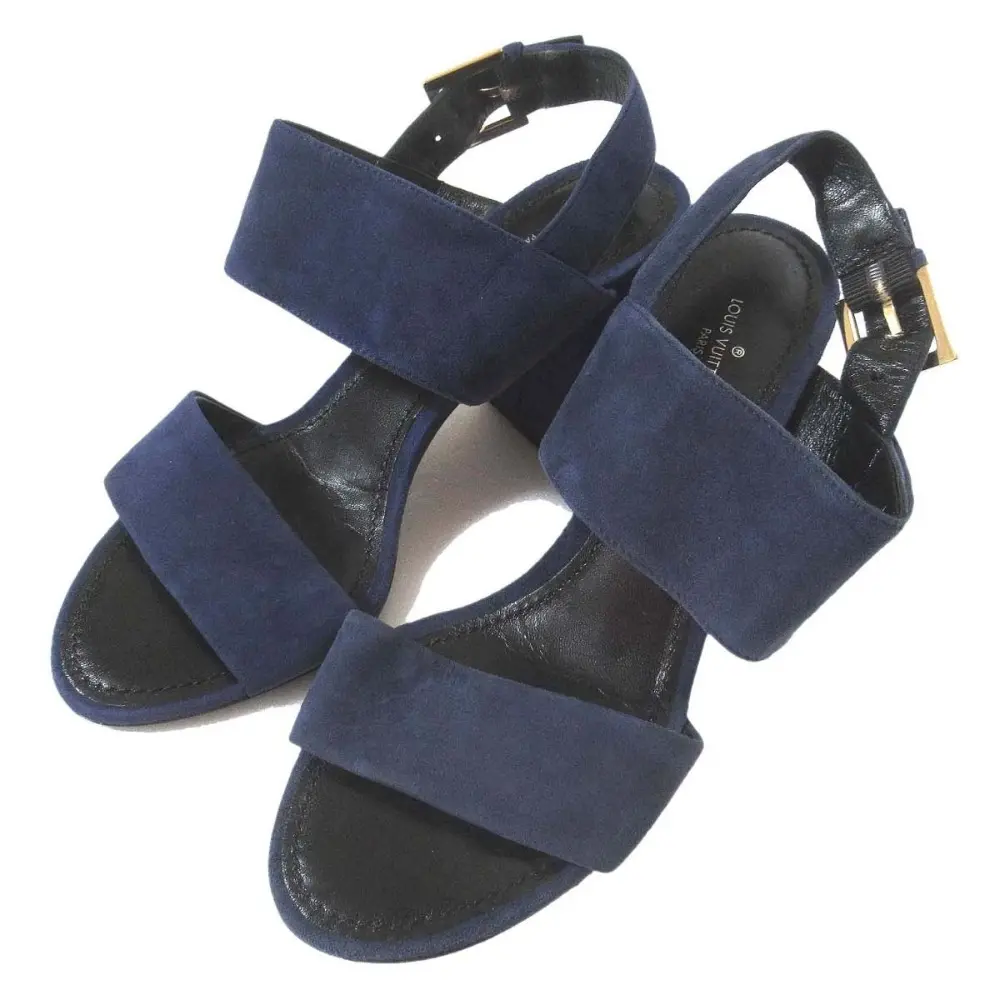 LOUIS VUITTON ルイヴィトン スエード レザー ホライズンライン アンクルストラップ サンダル 36 約23cm ネイビー×ゴールド金具