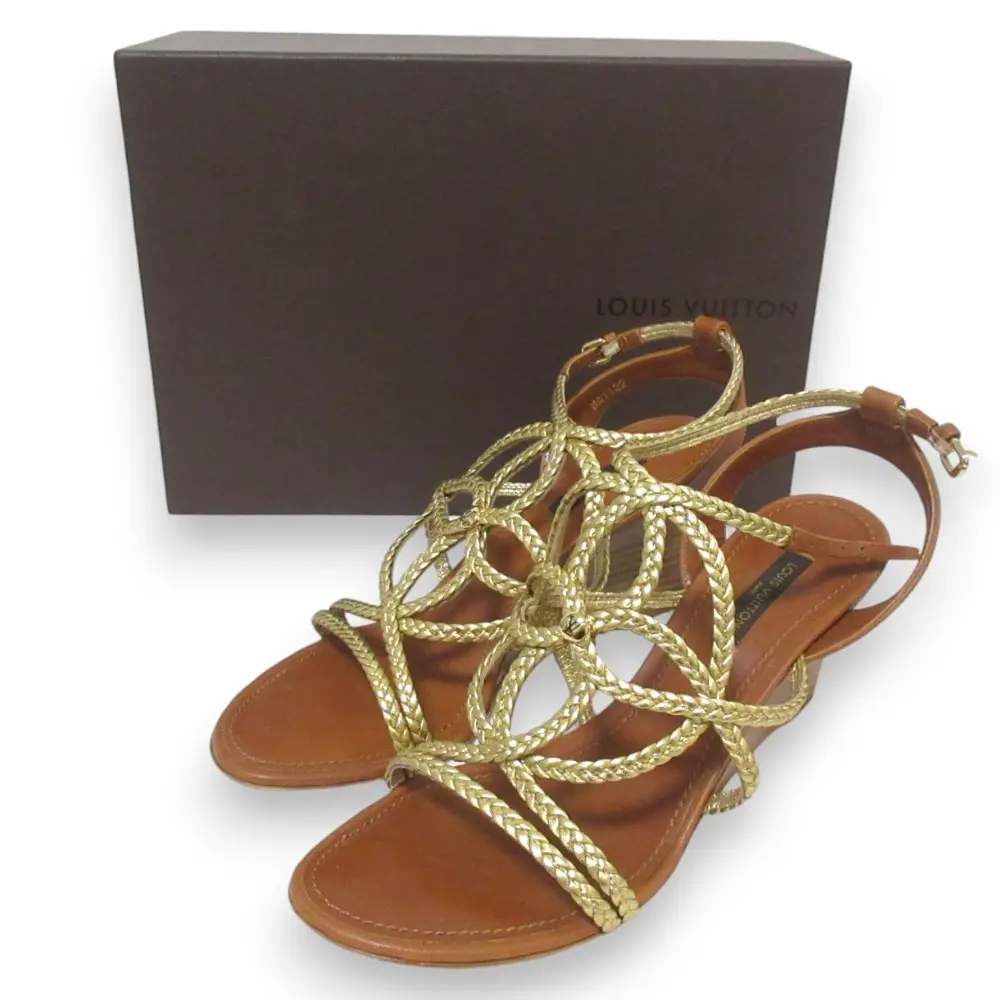 LOUIS VUITTON ルイヴィトン スターブロッサムデザイン LVロゴ金具 ウェッジソール サンダル MA1122 38 約24.5cm ウッド×ゴールド