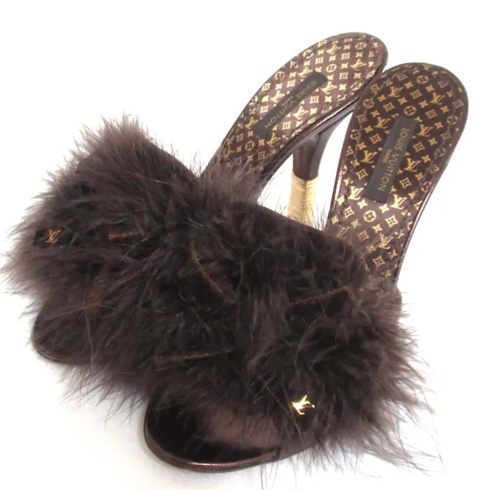 LOUIS VUITTON ルイヴィトン モノグラム フェザー ファー ハイヒール サンダル ミュール 34.5サイズ 22cm ブラウン