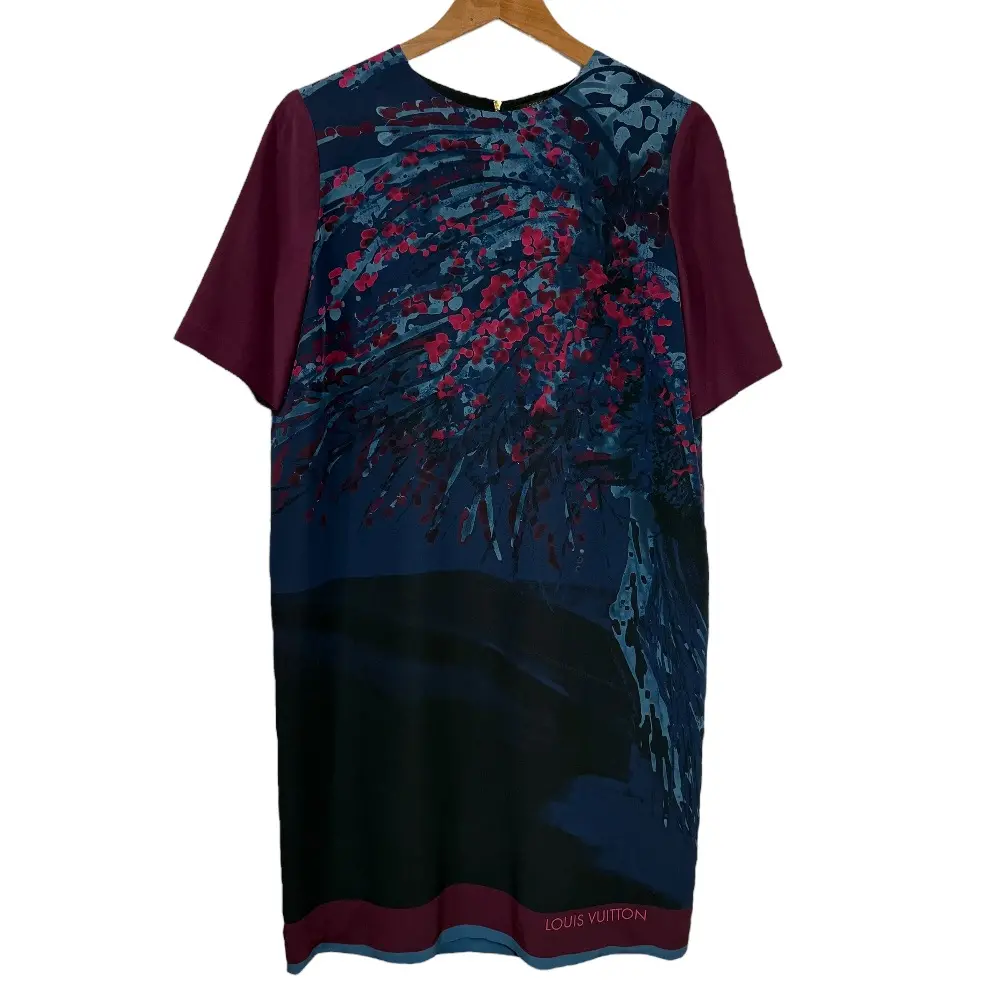LOUIS VUITTON ルイヴィトン フラワープリント 半袖 ひざ丈 ワンピース 36 ブルー パープル