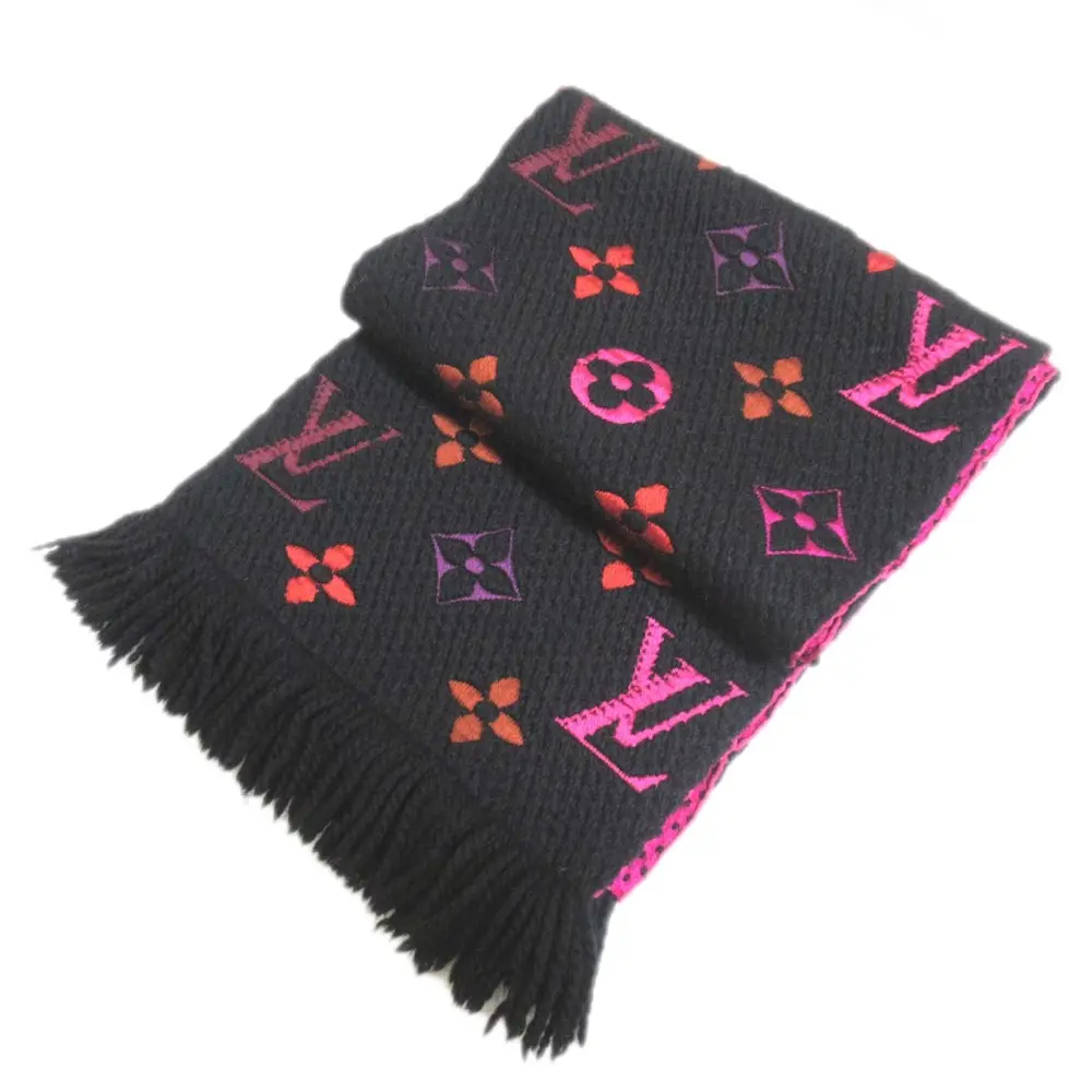 LOUIS VUITTON ルイヴィトン エシャルプ ロゴマニア レインボー フリンジ ニット マフラー ストール M73056 ブラック