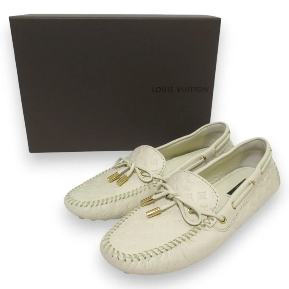 LOUIS VUITTON ルイヴィトン グロリアライン モングラムエンボス レザー フラット ドライビングシューズ 38.5 約25cm ベージュ