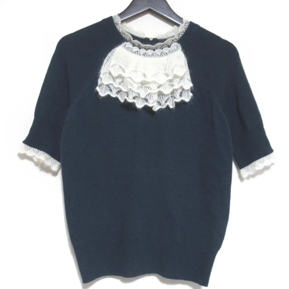 LOUIS VUITTON ルイヴィトン カシミヤ100% ショートスリーブ フリル ニットカットソー XLサイズ ネイビー×ホワイト