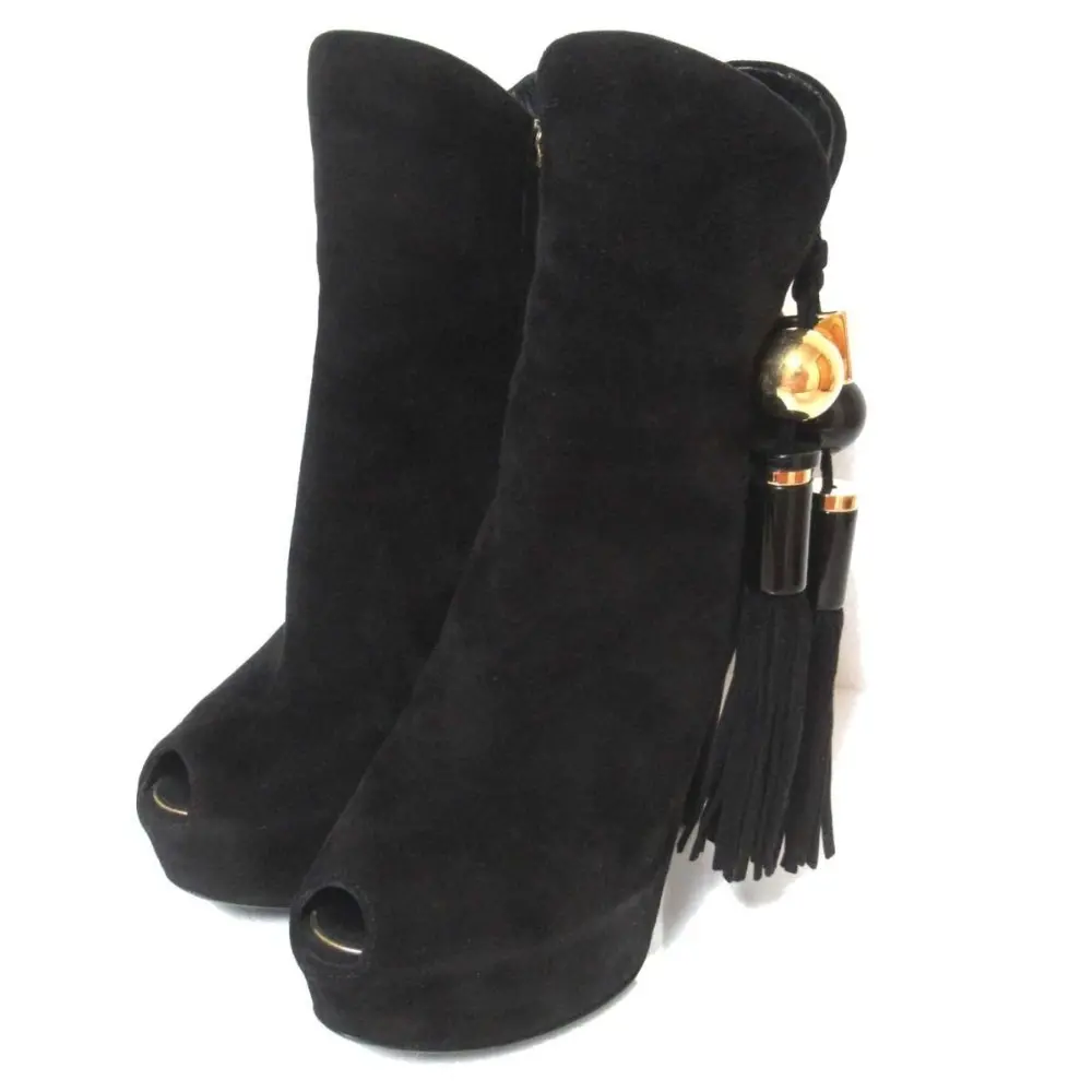LOUIS VUITTON ルイヴィトン スエード レザー タッセルチャーム ハイヒール アンクルブーツ ショートブーツ 36 23cm ブラック