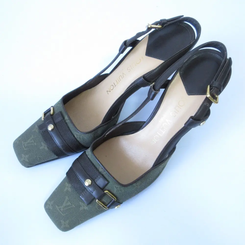 LOUIS VUITTON ルイヴィトン モノグラムミニ ハイヒール スリングバック パンプス 36.5 23.5cm相当 カーキ