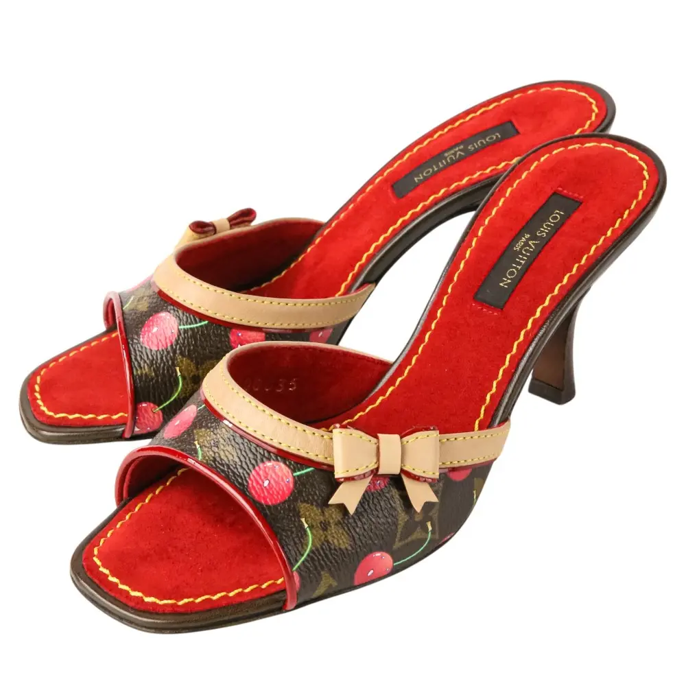 LOUIS VUITTON ルイヴィトン モノグラム チェリー 村上隆 リボン ミュール サンダル 35 22.5cm程度 ブラウン×レッド