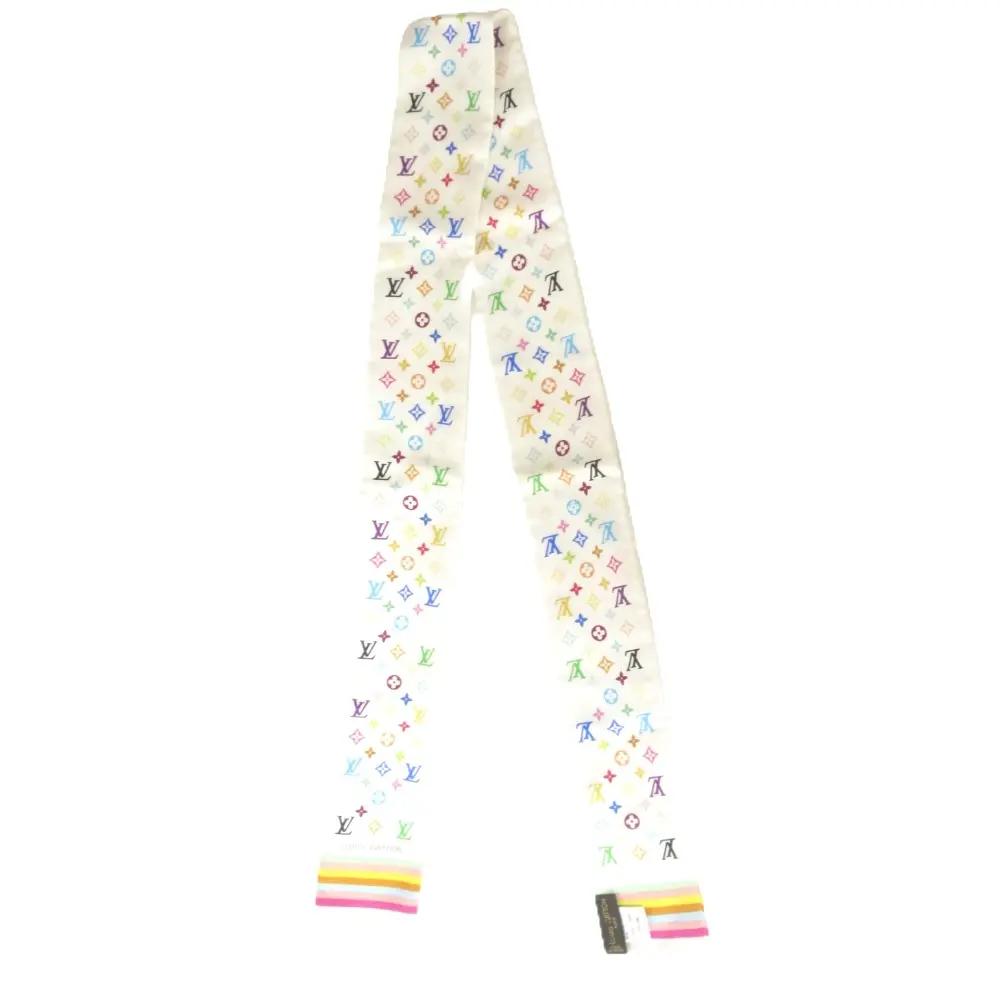 LOUIS VUITTON ルイヴィトン モノグラム マルチカラー シルク100% バンドー リボンスカーフ ホワイト系