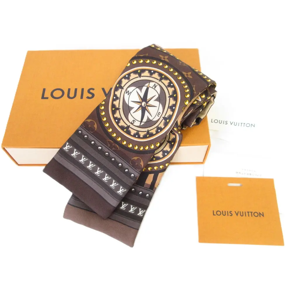 LOUIS VUITTON ルイヴィトン バンドー LVワールド シルク ナロースカーフ M70853 ブラウン×ベージュ