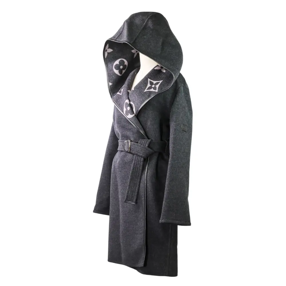 LOUIS VUITTON ルイヴィトン 裏地モノグラム ウールシルク フーデッド ガウンコート ラップコート FJC022NUV 36 ダークグレー