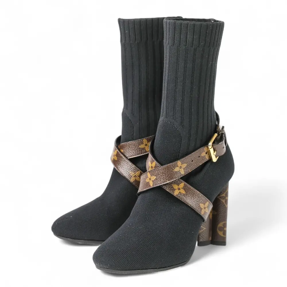 LOUIS VUITTON ルイヴィトン シルエットライン モノグラム ベルト アンクル ソックス ブーツ 36.5 約23.5cm 1A66FC ブラック