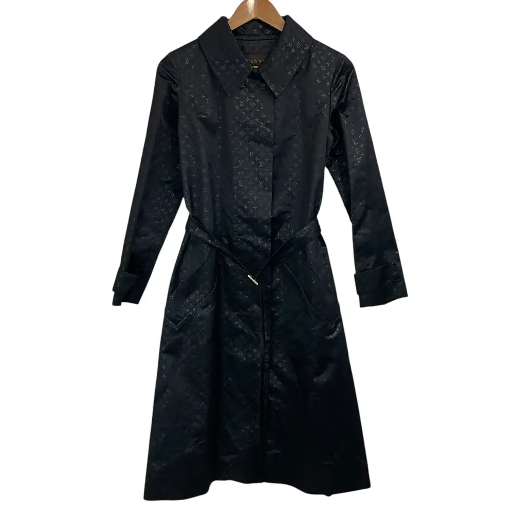 LOUIS VUITTON ルイヴィトン モノグラム サテン シルクブレンド ベルテッド ステンカラーコート 36 ブラック