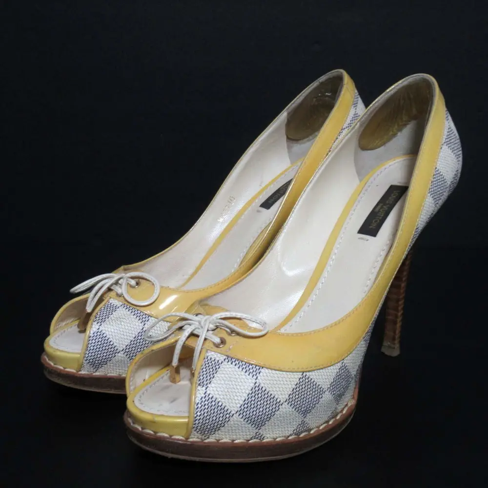 LOUIS VUITTON ルイヴィトン ダミエアズール オープントゥ リボン ハイヒール パンプス 37.5 24cm ホワイト×イエロー系