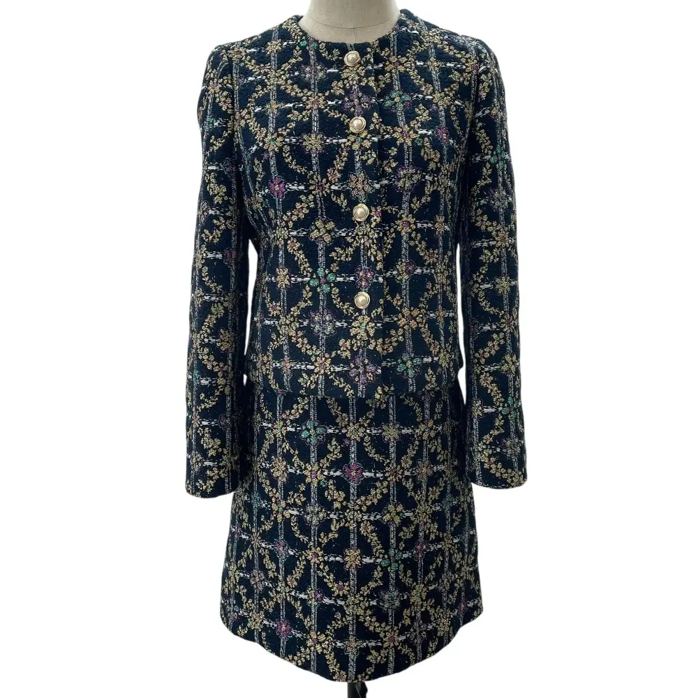 23AW LOULOU WILLOUGHBY ルルウィルビー シルクブランド ジャガード ツイード ジャケット スカート セットアップ 2/1 ネイビー