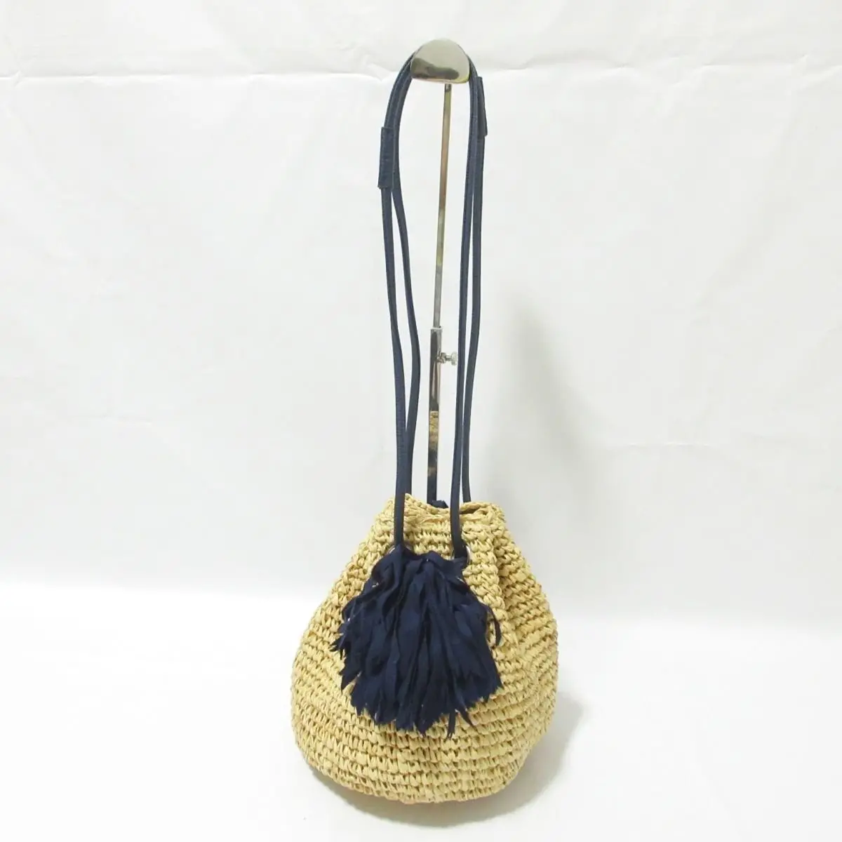 LUDLOW ラドロー ラフィア フリンジタッセル 巾着 ショルダーバッグ ナチュラル×ネイビー
