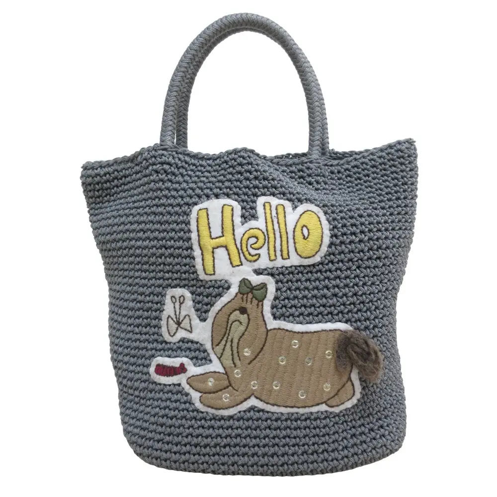 LUDLOW ラドロー ドッグ刺繍 カギ編み コードバッグ トートバッグ グレー