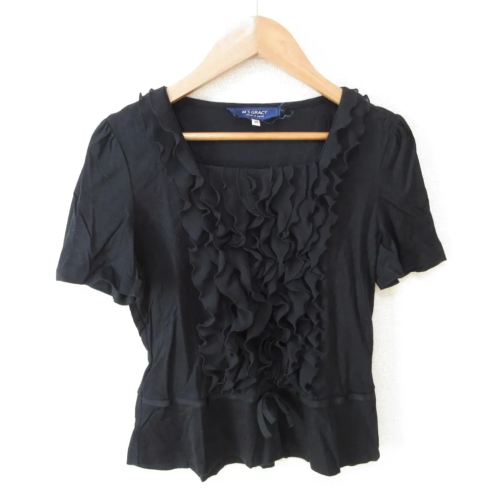 M'S GRACY エムズグレイシー スクエアネック 半袖 フリルカットソー Tシャツ 38 ブラック