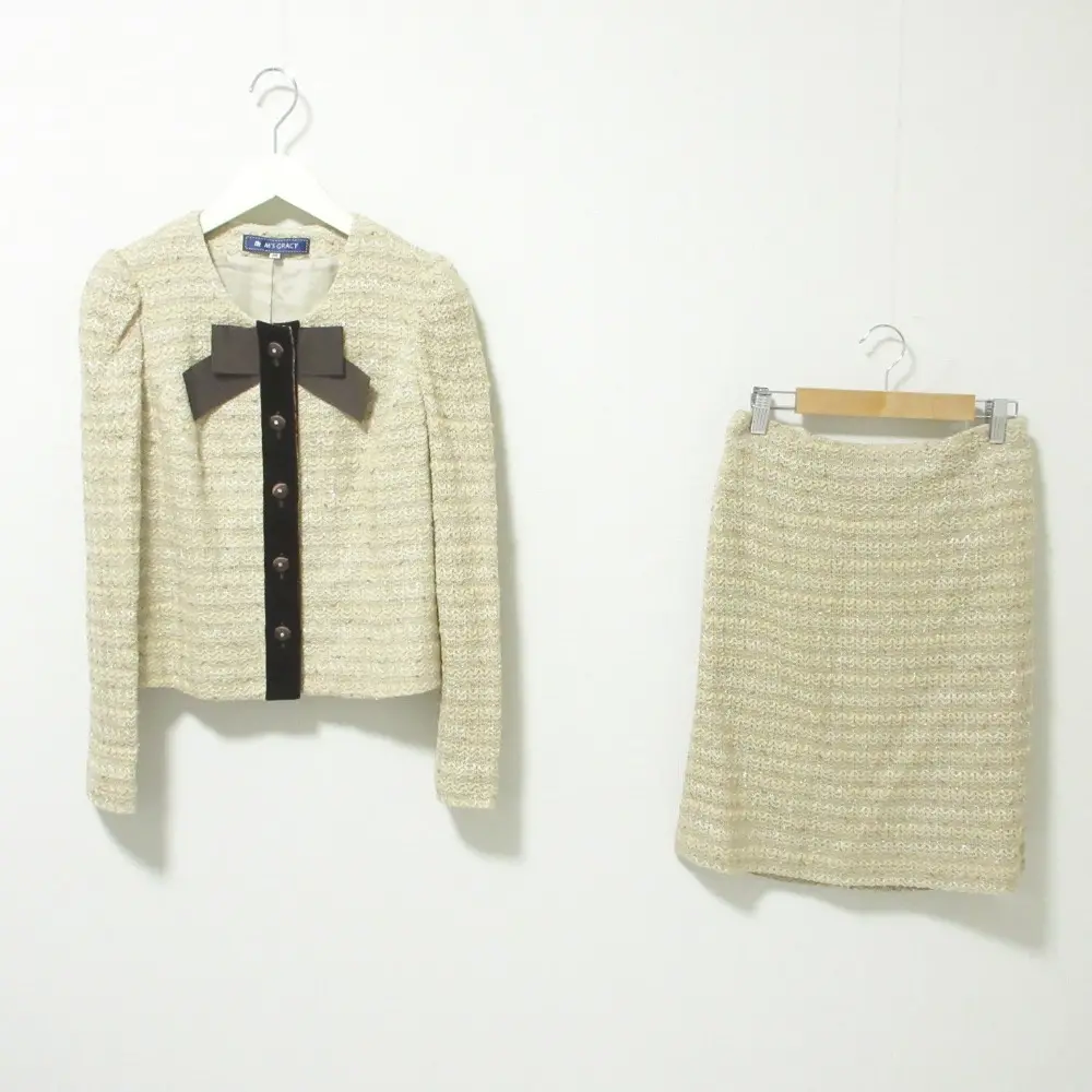M'S GRACY エムズグレイシー ラメニット ノーカラージャケット スカート セットアップ スーツ 38 ベージュ