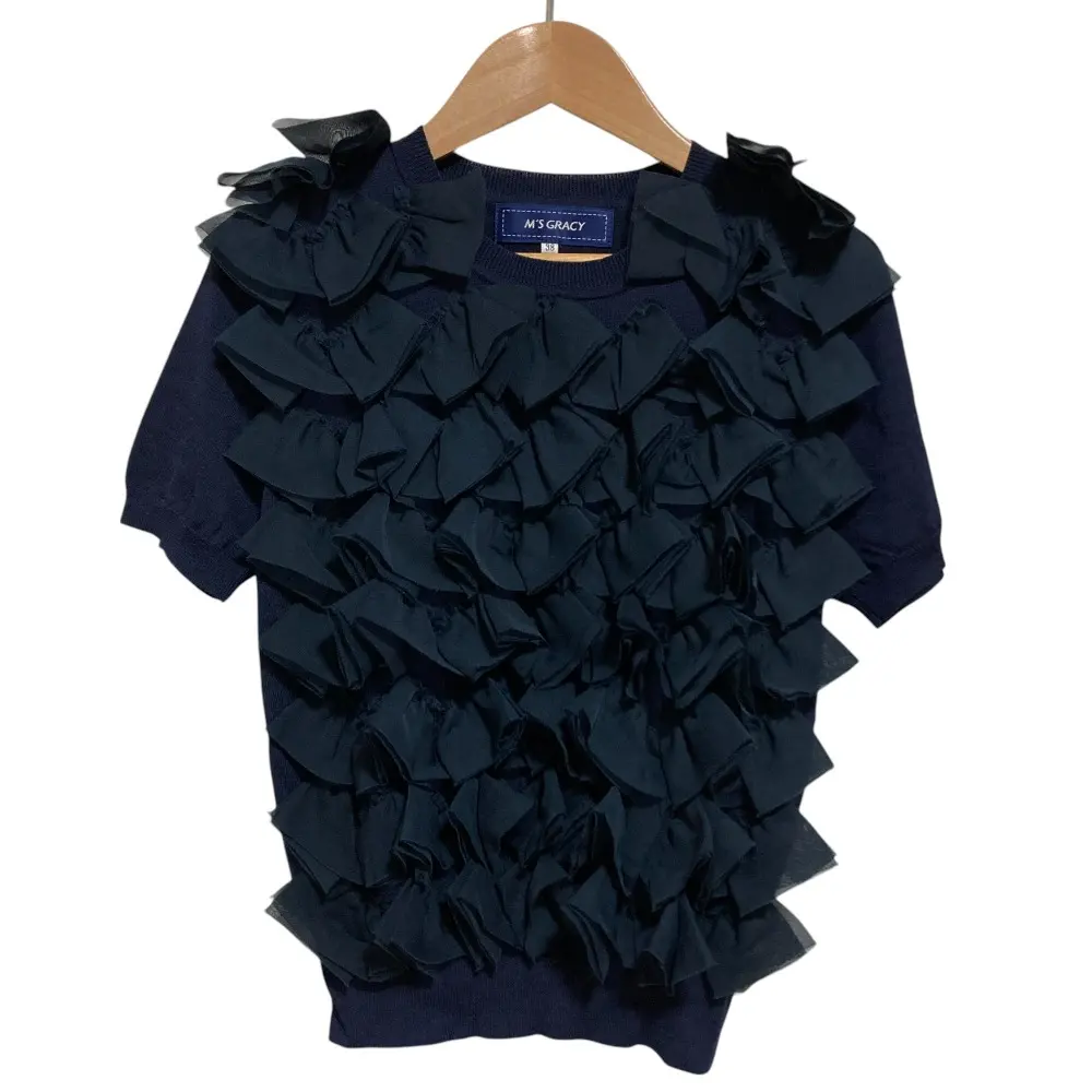 M'S GRACY エムズグレイシー レースフリル 半袖 ニット カットソー プルオーバー 38 ネイビー