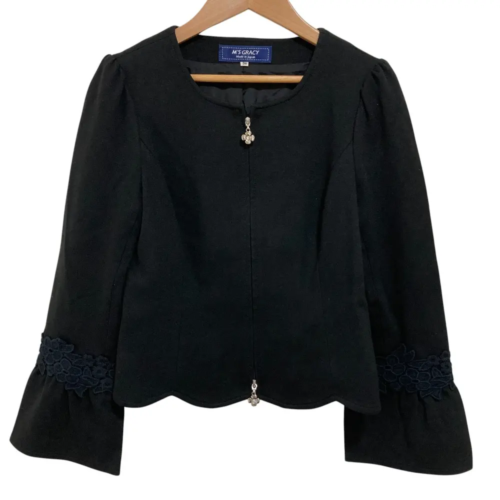 M'S GRACY エムズグレイシー 袖フラワーレース スカラップヘム ダブルジップ ノーカラー ジャケット 36 ブラック