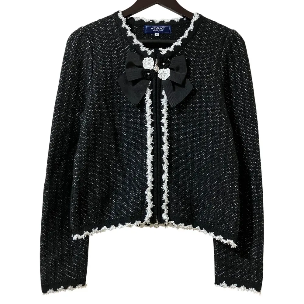 M'S GRACY エムズグレイシー リボン ジップアップ ノーカラー ニットジャケット サイズ40 ブラック