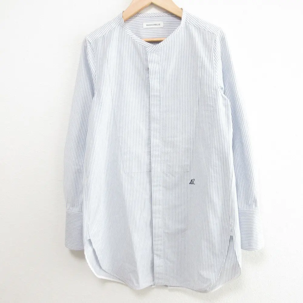 MADISON BLUEマディソンブルー NO COLLAR LONG SH OX STRIPE ノーカラー オックスフォードシャツ MB241-5002 S ライトブルー