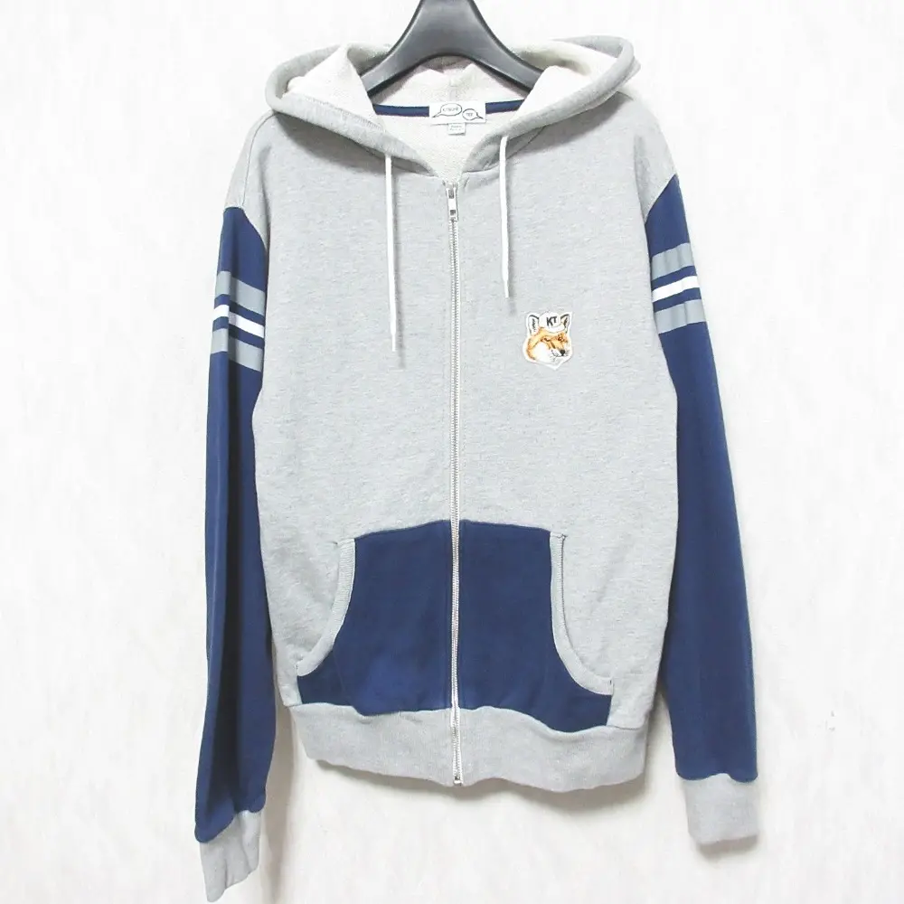 MAISON KITSUNE メゾンキツネ STRIPES AND PATCH ZIPPED フォックスパッチ ジップアップ パーカー フーディー XS グレー系