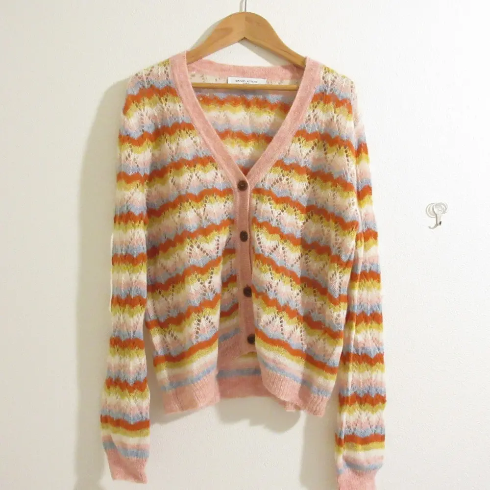 24AW MAISON KITSUNE メゾンキツネ STRIPED ALPACA LACE CARDIGAN Vネック ニットカーディガン XSサイズ ピンク系