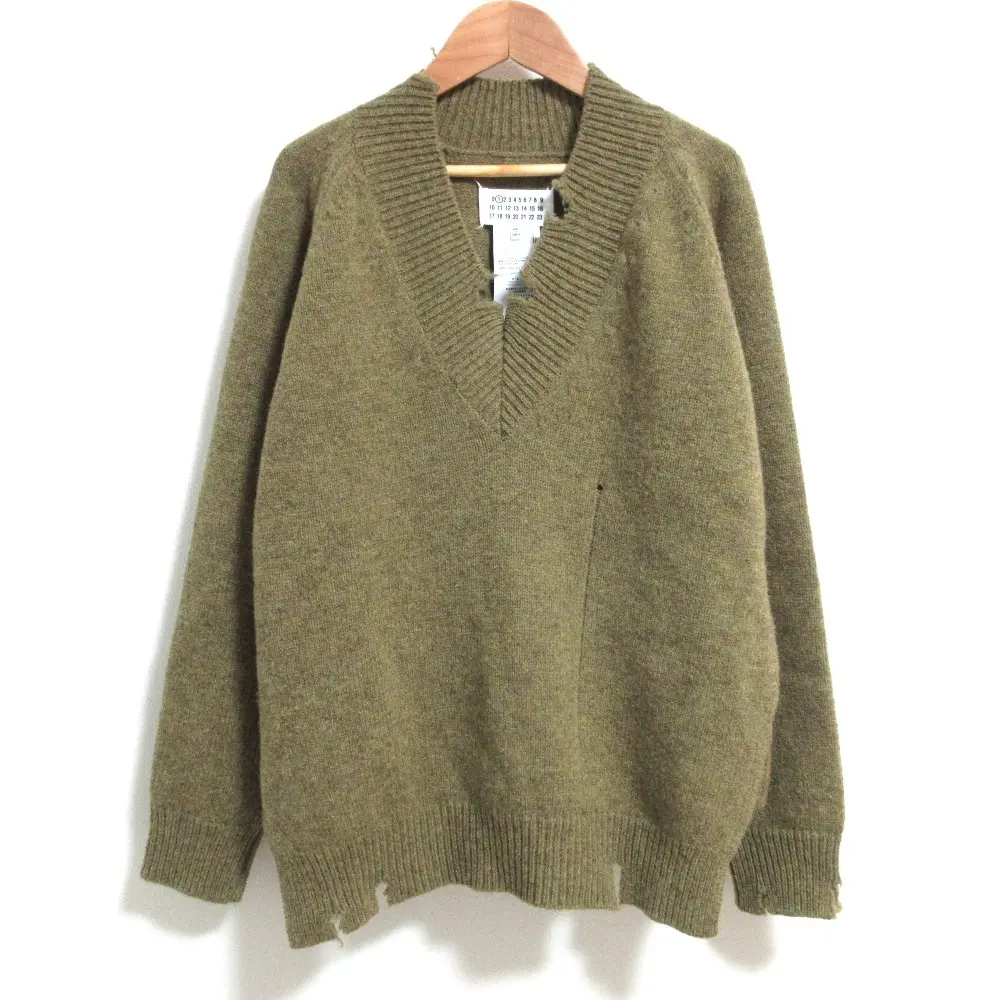 Maison Margiela メゾンマルジェラ 1 ダメージ加工 サイドスリット ロングスリーブ Vネック ニット セーター S グリーン