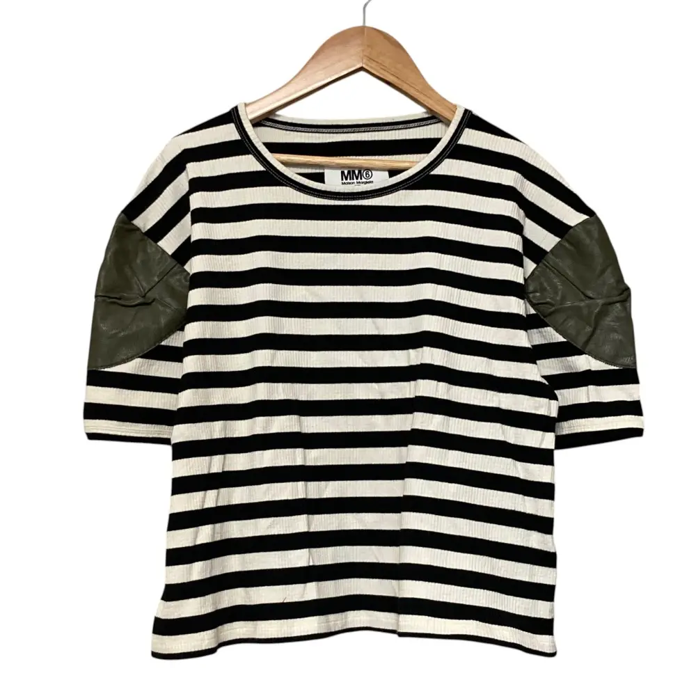 MM6 Maison Margiela メゾンマルジェラ レザー切替 ボーダー リブニットカットソー 52GC005222950 サイズS ブラック ホワイト