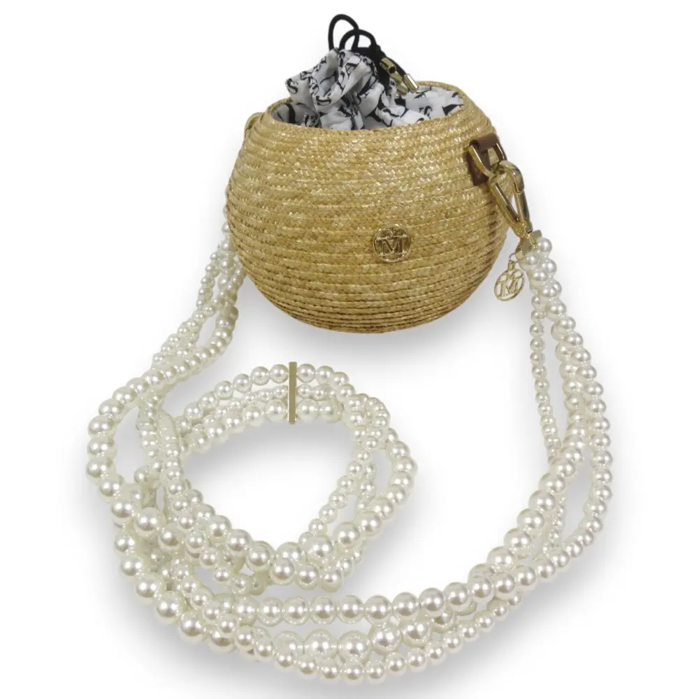Maison Michel メゾンミッシェル フェイクパールショルダー ラフィア 巾着 かごバッグ ナチュラル×ホワイト