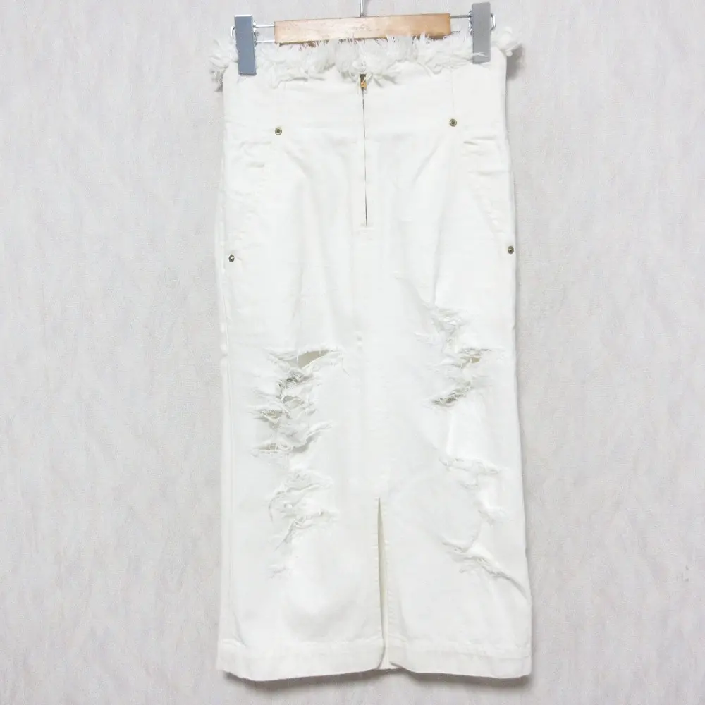 mame Kurogouchi マメクロゴウチ ダメージ加工 ミモレ丈 ミディ丈 タイト クラッシュデニム スカート MM15SS-SK036 1 ホワイト