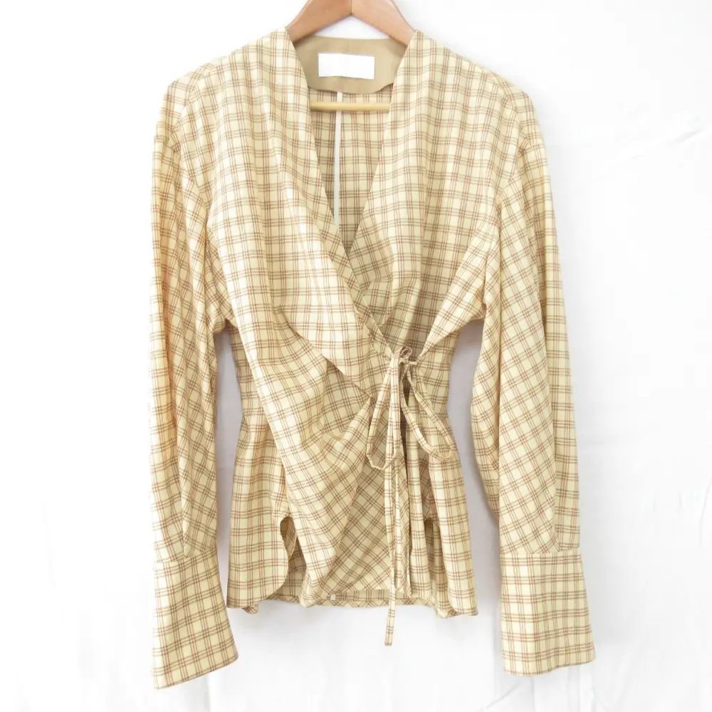 21SS mame kurogouchi マメクロゴウチ チェック柄 長袖 カシュクール ブラウス MM21SS-SH039 サイズ2 クリーム