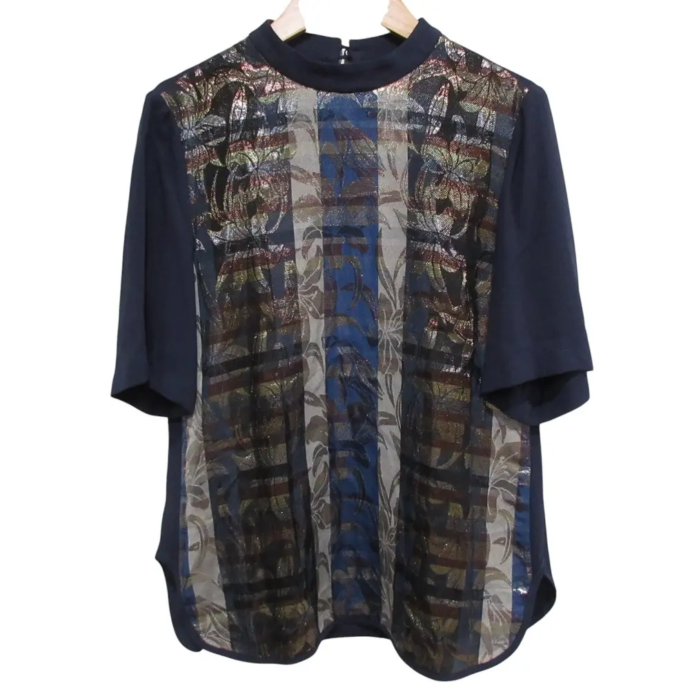 Mame Kurogouchi マメクロゴウチ グリッタージャガード プルオーバー ブラウス シャツ 2 ネイビー