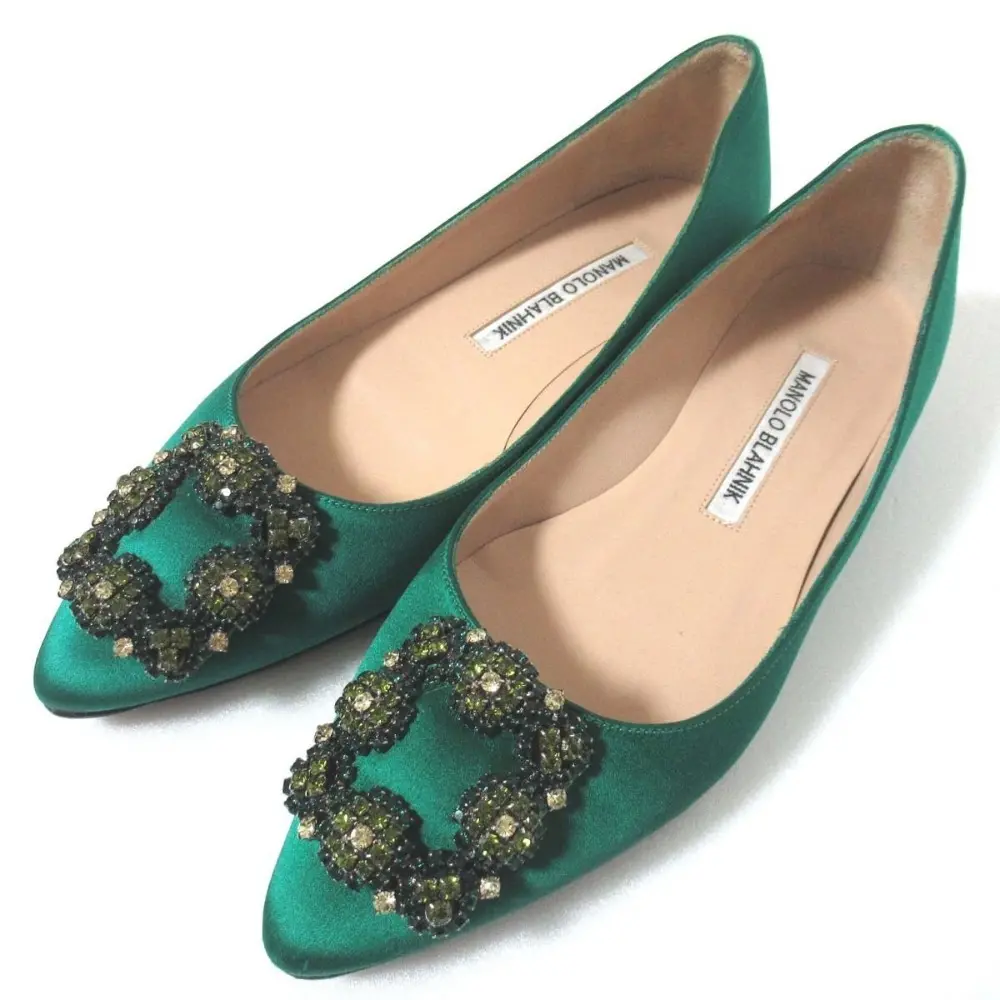 MANOLO BLAHNIK マノロブラニク HANGISI FLAT ハンギシ ビジューモチーフ サテン フラットシューズ パンプス 35 22cm グリーン