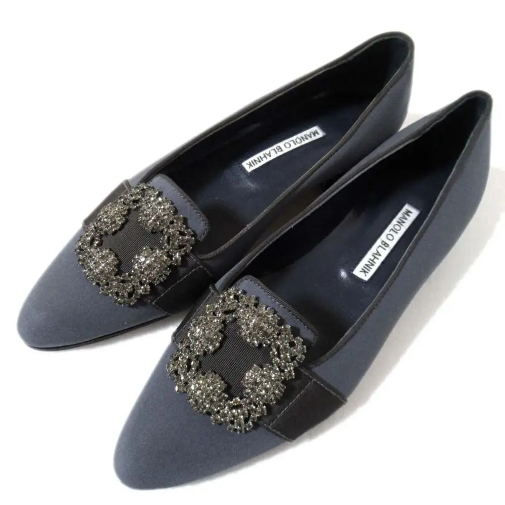 MANOLO BLAHNIK マノロブラニク ハンギシ ビジュー ポインテッドトゥ フラットシューズ パンプス 36 23cm相当 チャコールグレー